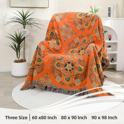 VANJOROY Boho Large Throw Blanket, 100% Cotton Breathable Soft Bed Throw - Floral Farmhouse Decor Blanket for Sofa Couch Chair and Gift. 60" x 80"- Orange