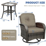 TIMWNER 3-Piece Swivel Rocker Wicker Chair Set of 2 ，360-Degree Rocking Chairs Outdoor with Cushions，Glass Table for Garden,Backyard, Bistro.Brown TIMWNER