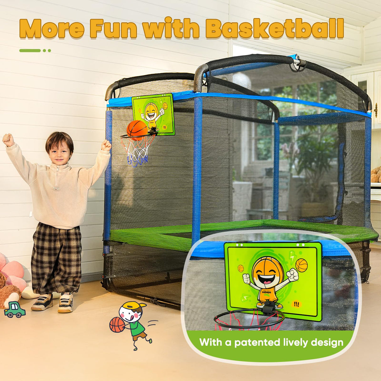 Zupapa 5 in 1 Rectangle Kids Trampoline 6FT with Hammock Chair, Basketball Hoop, and Safety Net - Indoor/Outdoor Heavy-Duty Square Trampoline for Toddlers Ages 3-6, 220LBS Capacity Zupapa