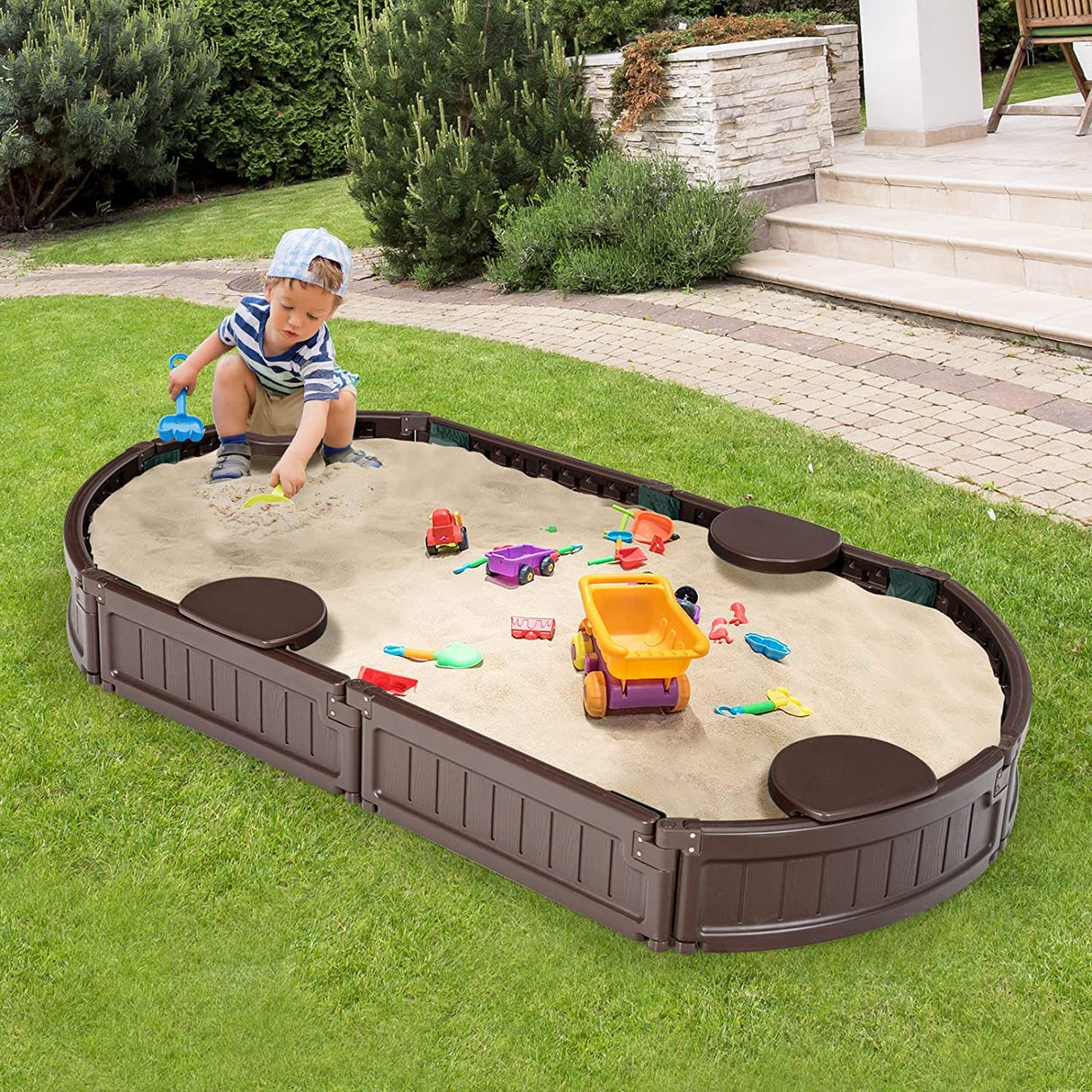 HONEY JOY Sandbox with Cover, 6FT Oval Sand Pit for Backyard, 4 Built-in Seating & Bottom Drainage Liner, All Weather Resistant Sand Boxes for Kids Outdoor with Lid HONEY JOY