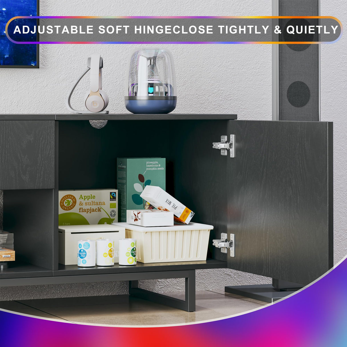 TV Stand for 75 inch TV, Entertainment Center with LED Light, Modern Wood TV Console with Texture Entertainment Stand with Highlight Storage Cabinet for TVs Up to 70-80" Black HUAHUU