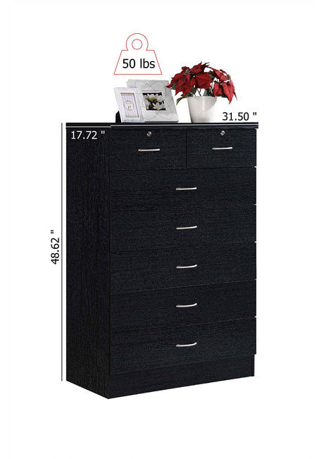 HODEDAH 7 Drawer Wood Dresser for Bedroom, 31.5 inch Wide Chest of Drawers, with 2 Locks on the Top Drawers, Storage Organization Unit for Clothing, Black Hodedah