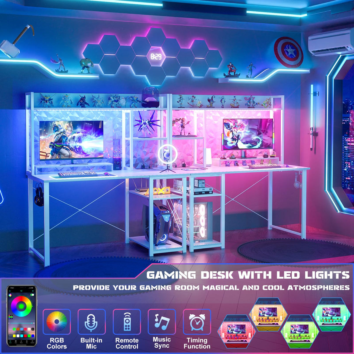 Cyclysio Gaming Desk with Hutch, 39'' Computer Desk with LED Lights & Power Outlets, Home Office Desk with Reversible 5 Tiers Storage Shelves & Monitor Stand, Small Gaming Table for Small Space, White Cyclysio