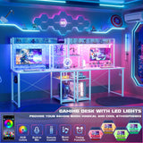 Cyclysio Gaming Desk with Hutch, 39'' Computer Desk with LED Lights & Power Outlets, Home Office Desk with Reversible 5 Tiers Storage Shelves & Monitor Stand, Small Gaming Table for Small Space, White Cyclysio