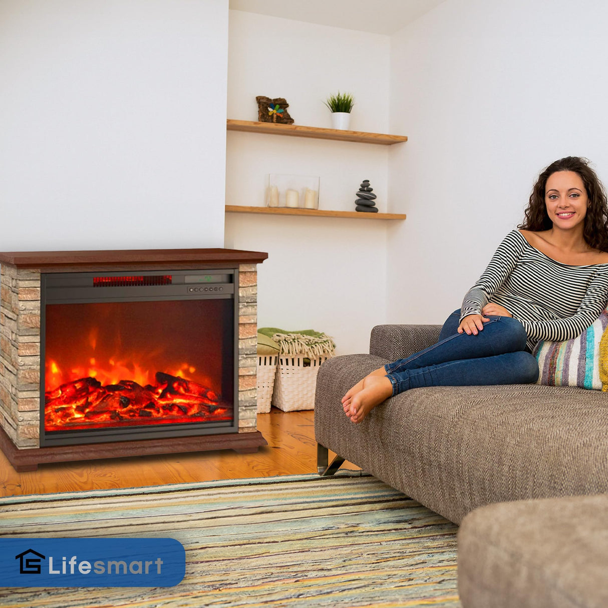 LifeSmart LifePro 1500 Watt Electric Infrared Quartz Fireplace Heater for Indoor Use with 3 Heating Elements and Remote, Faux Stone & Oak Wood LIFESMART GLOBAL