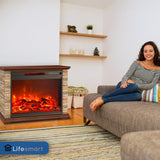 LifeSmart LifePro 1500 Watt Electric Infrared Quartz Fireplace Heater for Indoor Use with 3 Heating Elements and Remote, Faux Stone & Oak Wood LIFESMART GLOBAL