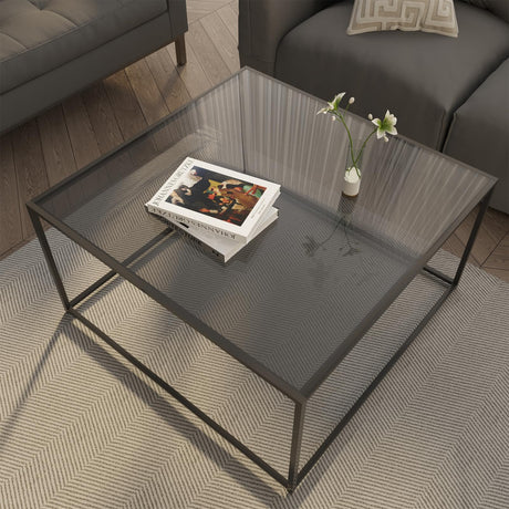 Glass Coffee Tables for Living Room Square Modern Center Table for Small Space,Tempered Glass-top with Sturdy Metal Frame Sofa Side End Table, Easy Assembly,26.4 x 26.4 x 15.7 Inches, Gray Black Easy Paws