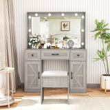 Greenvelly Vanity Desk with Mirror and Lights,Farmhouse Vanity Mirror with Lights Desk and Chair,3 Lighting Modes, Dressing Table with Drawers, Vanity Table Set for Women, Girls(Grey) Greenvelly