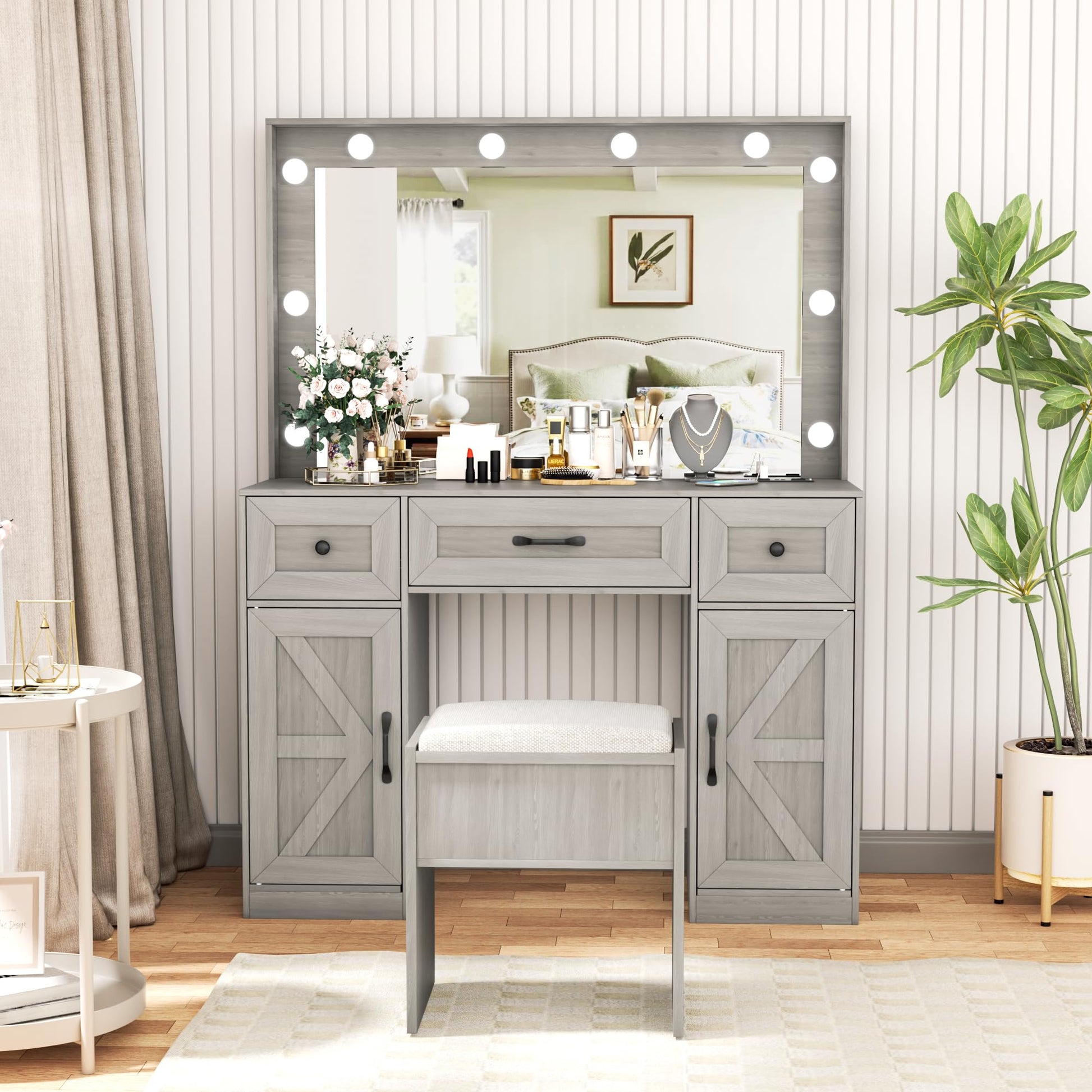 Greenvelly Vanity Desk with Mirror and Lights,Farmhouse Vanity Mirror with Lights Desk and Chair,3 Lighting Modes, Dressing Table with Drawers, Vanity Table Set for Women, Girls(Grey) - WoodArtSupply