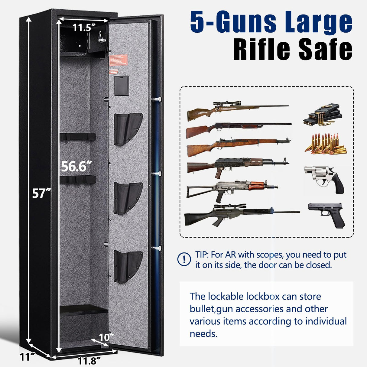 SAPITAL 5 Gun Safe, Rifle Safe, Gun Safes for Home Rifle and Pistols, Gun Cabinet for Rifles and Shotguns, Gun Safes & Cabinets with Removable Shelf and Pistol Pouch*3 SAPITAL