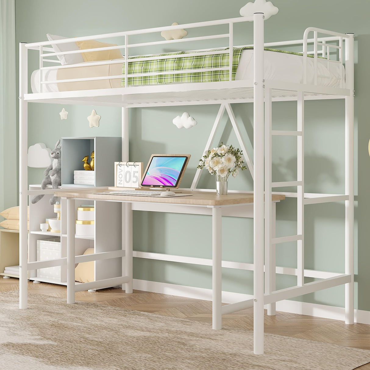 VECELO Metal Loft Bed Twin Size, Heavy Duty Bedframe with Removable Ladder and Safety Guardrail, Space-Saving, Noise Free, No Box Spring Needed, Off White VECELO