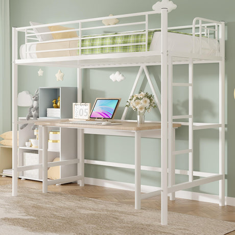 VECELO Metal Loft Bed Twin Size, Heavy Duty Bedframe with Removable Ladder and Safety Guardrail, Space-Saving, Noise Free, No Box Spring Needed, Off White VECELO
