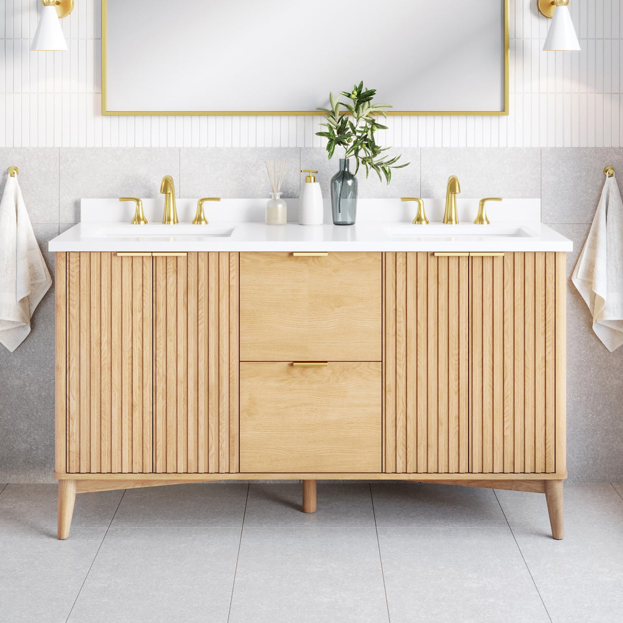 OVE Decors Indy 60 in. Undermount Double Sink Bathroom Vanity with White Engineered Marble Top, Rustic Ash OVE Decors