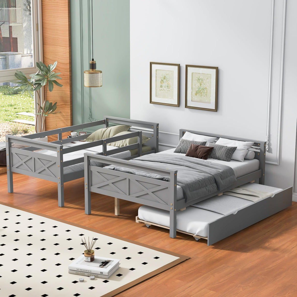 Merax Twin Over Full Bunk Bed with Trundle, Ladder & Safety Guardrail, Wooden Bunk Bed Frame for Kids Adults Teens Bedroom, Convertible to 2 Separated Beds, No Box Spring Needed, Easy Assembly, Grey Merax