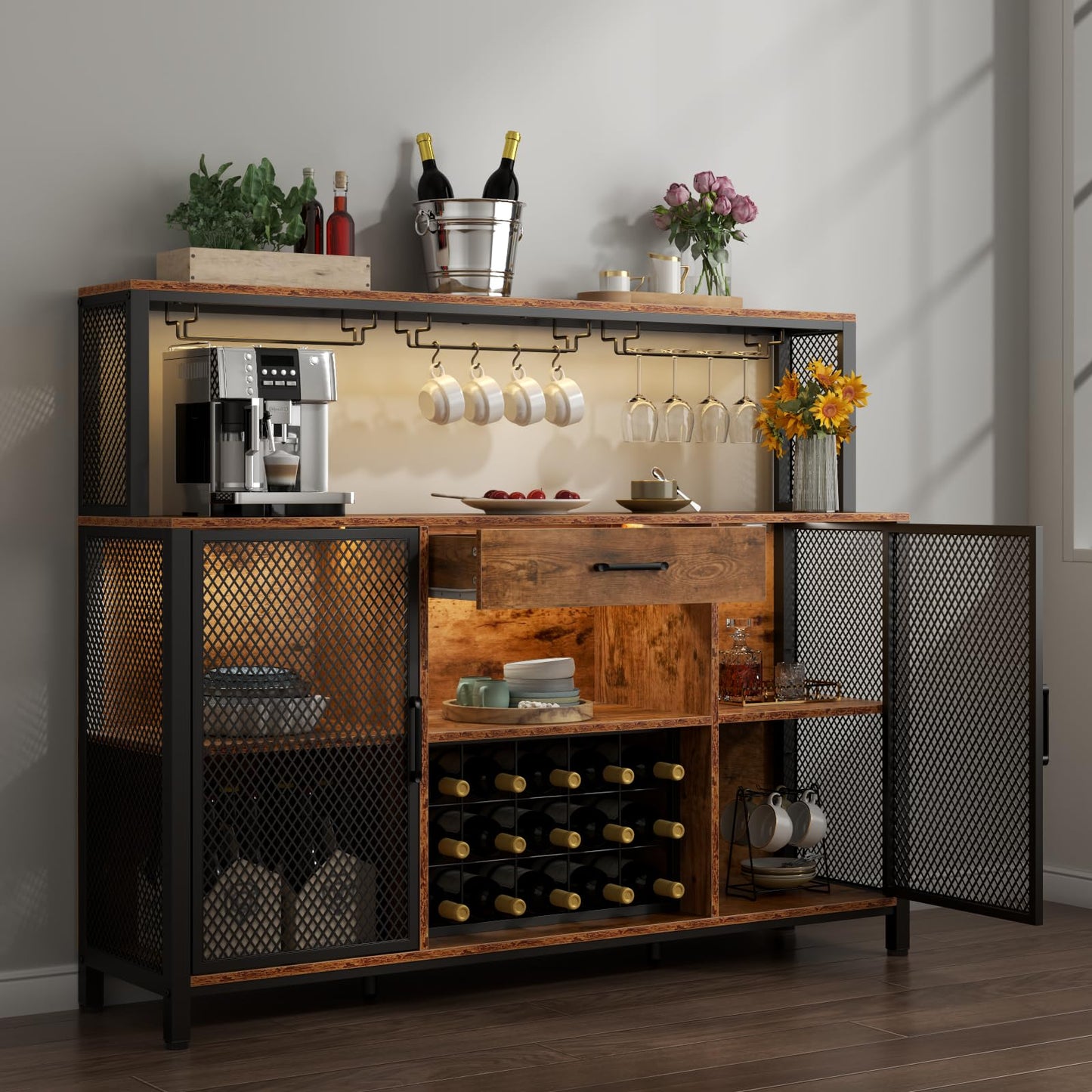 Gyfimoie Wine Bar Cabinet with Drawer and LED Lights, 55 Inches Industry Coffee Bar Cabinet with Wine Rack and Glass Goblet Holder, Kitchen Sideboard Buffet Cabinet for Liquor and Goblet - WoodArtSupply