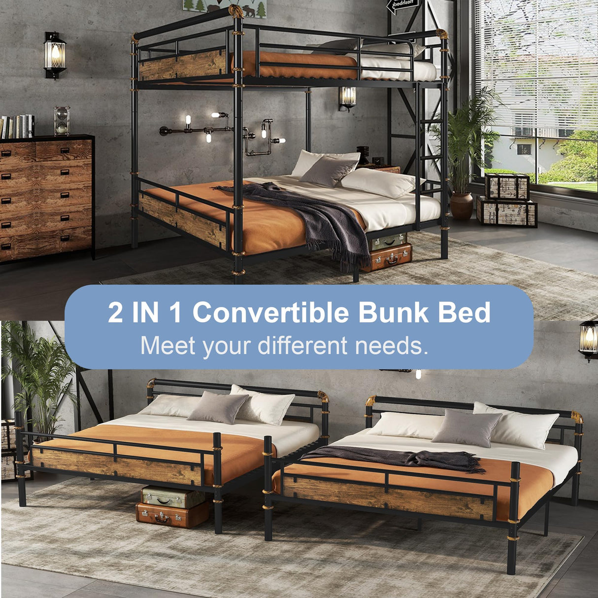 MoproBeti Queen Over Queen Industrial Bunk Beds for Teens or Adults, Heavy-Duty 2 in 1 Metal Convertible Bunk Bed with Ladder and Slats Support,15.9" High Guard Rail,Space-Saving,Noise Reduced,Black MoproBeti