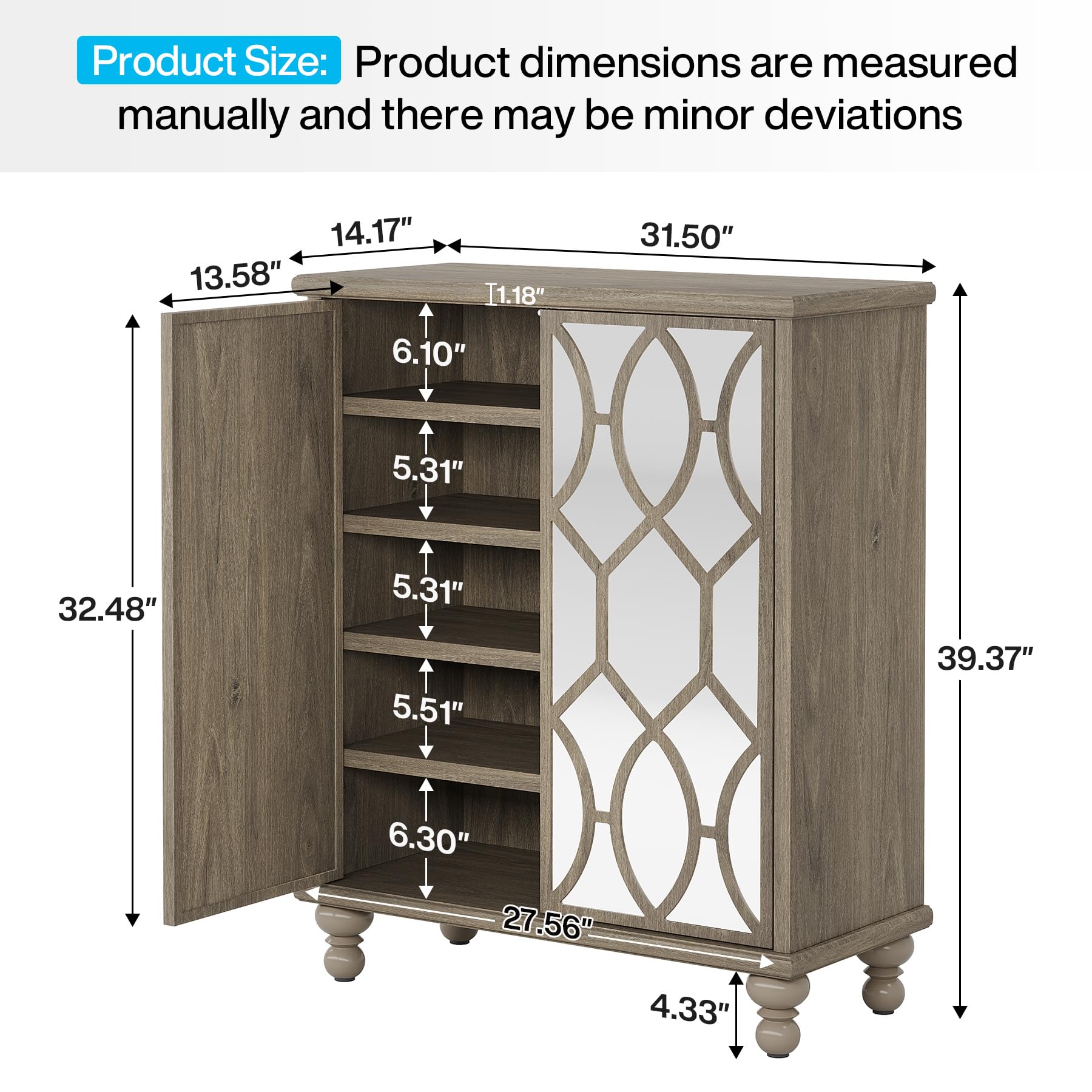 Tribesigns Mirror Shoe Cabinet, 5-Tier Large Modern Shoe Organizer Cabinet with Doors, Wooden Shoe Storage Cabinet for Entryway, Freestanding 25-Pair Shoe Rack, Light Brown (Decal Mirror) - WoodArtSupply