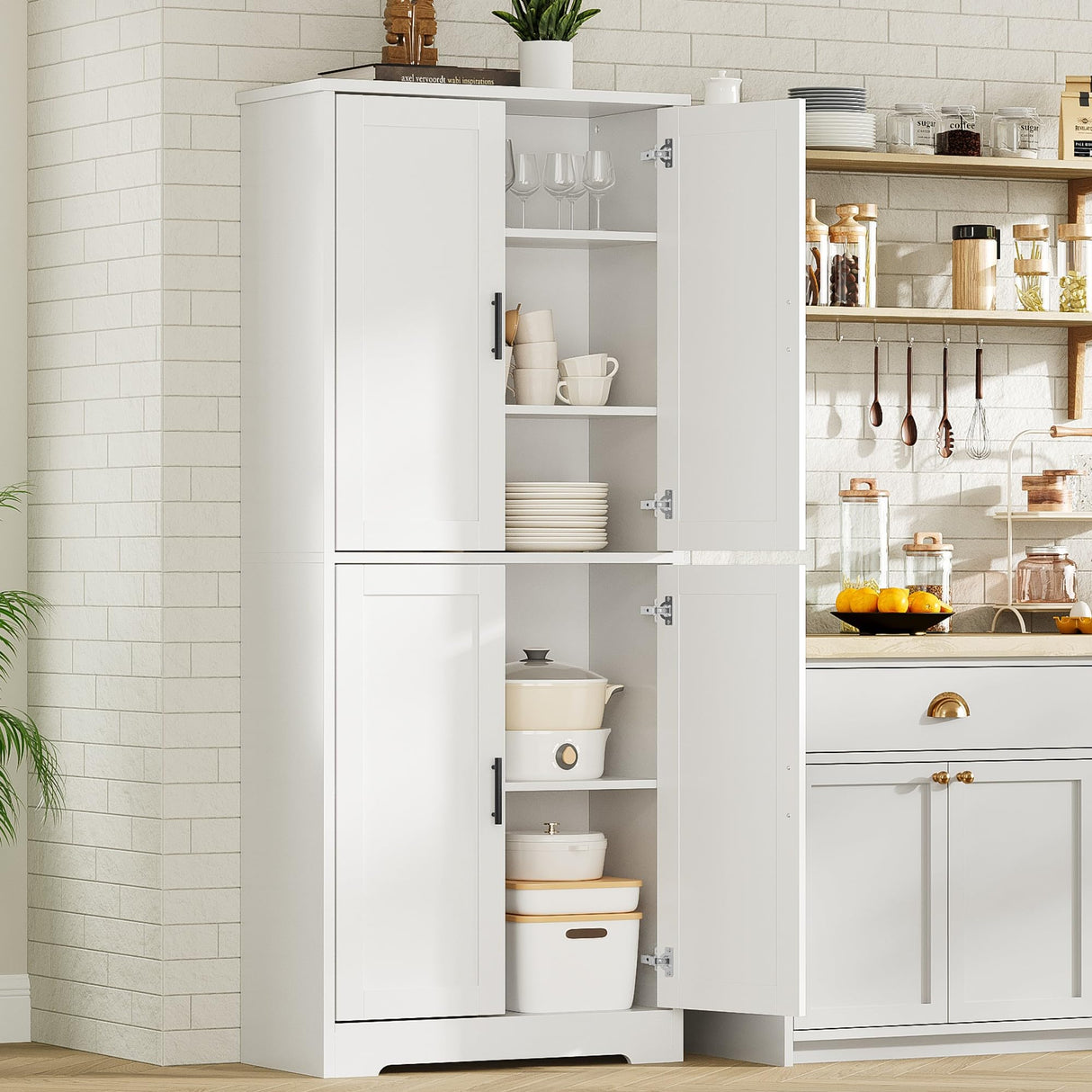 GarveeHome 70 in Tall Kitchen Pantry Cabinet, Freestanding Storage Cabinet with 4 Doors and Adjustable Shelves, Utility Hutch Cupboard for Dining Room, Bathroom, Living Room (Style A, White) GarveeHome