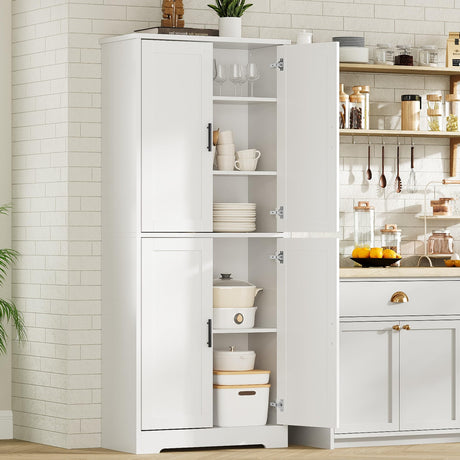 GarveeHome 70 in Tall Kitchen Pantry Cabinet, Freestanding Storage Cabinet with 4 Doors and Adjustable Shelves, Utility Hutch Cupboard for Dining Room, Bathroom, Living Room (Style A, White) GarveeHome