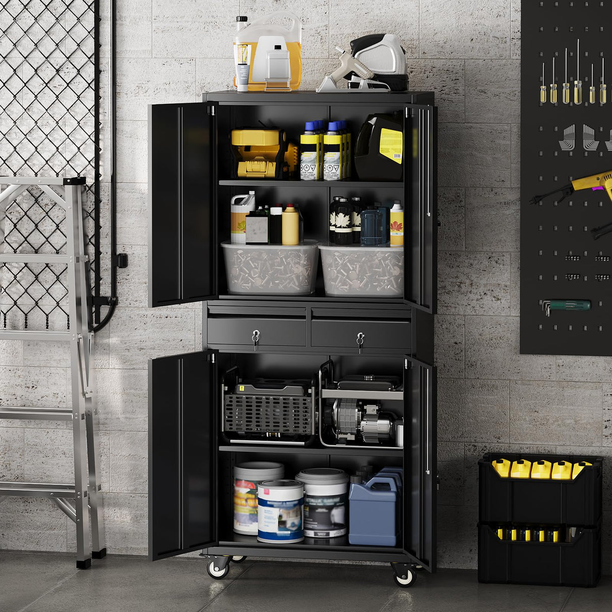 PioneerWorks 73" Metal Storage Cabinet w/Locking Doors | Adjustable Shelves + 2 Drawers | Robust Utility Storage for Garage Organization-Dark Black with Legs PioneerWorks