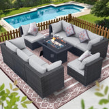 BULEXYARD 9 Piece High Back Outdoor Sectional Seating with Fire Pit Table, Heavy Duty Sturdy Wicker Patio Set Conversation Couch Sofa, Extra Wide Deep Large 8-Person Deck Furniture Set, Light Grey BULEXYARD