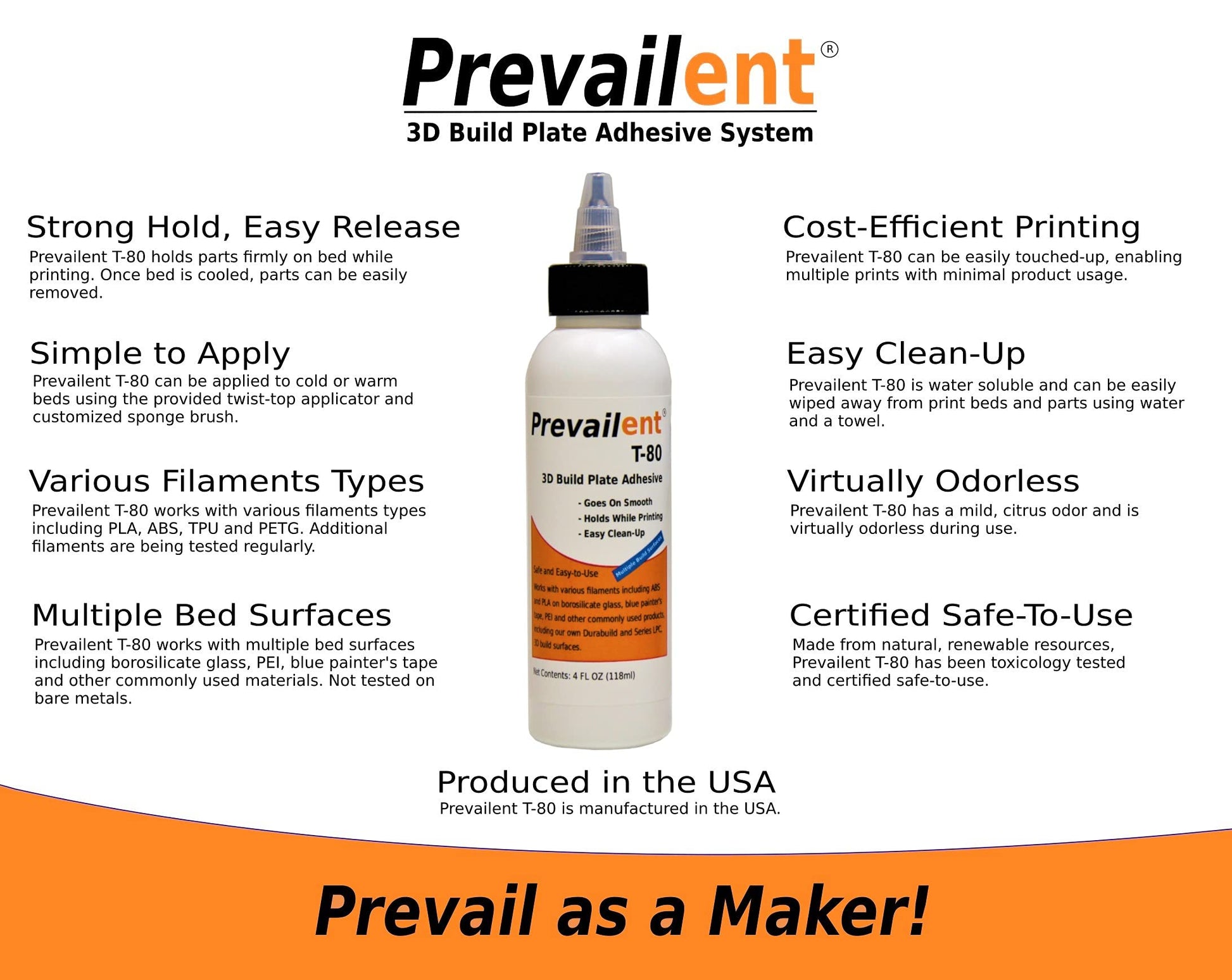 Prevailent T-80, 3D Printer Bed Adhesive Glue - Helps Prevent Warping, Strong Hold and Easy Release with Various Build Plates and Filament Types Including PLA, ABS, TPU, and PETG, 4 fl oz. (1 - WoodArtSupply