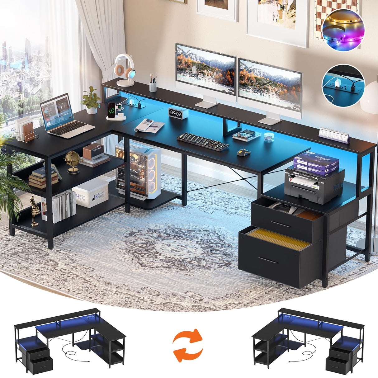 Aheaplus L Shaped Desk with File Drawer, 72.8" Reversible L Shaped Computer Desk with Power Outlet & LED Strip, Gaming Desk with Long Monitor Stand, Office Desk Corner Desk with Storage Shelf, Black Aheaplus