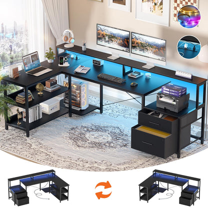 Aheaplus L Shaped Desk with File Drawer, 72.8" Reversible L Shaped Computer Desk with Power Outlet & LED Strip, Gaming Desk with Long Monitor Stand, Office Desk Corner Desk with Storage Shelf, Black