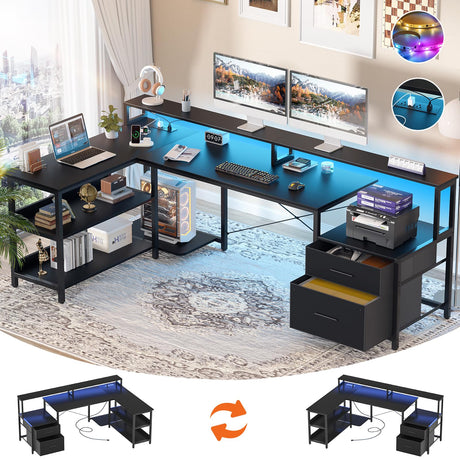 Aheaplus L Shaped Desk with File Drawer, 72.8" Reversible L Shaped Computer Desk with Power Outlet & LED Strip, Gaming Desk with Long Monitor Stand, Office Desk Corner Desk with Storage Shelf, Black Aheaplus