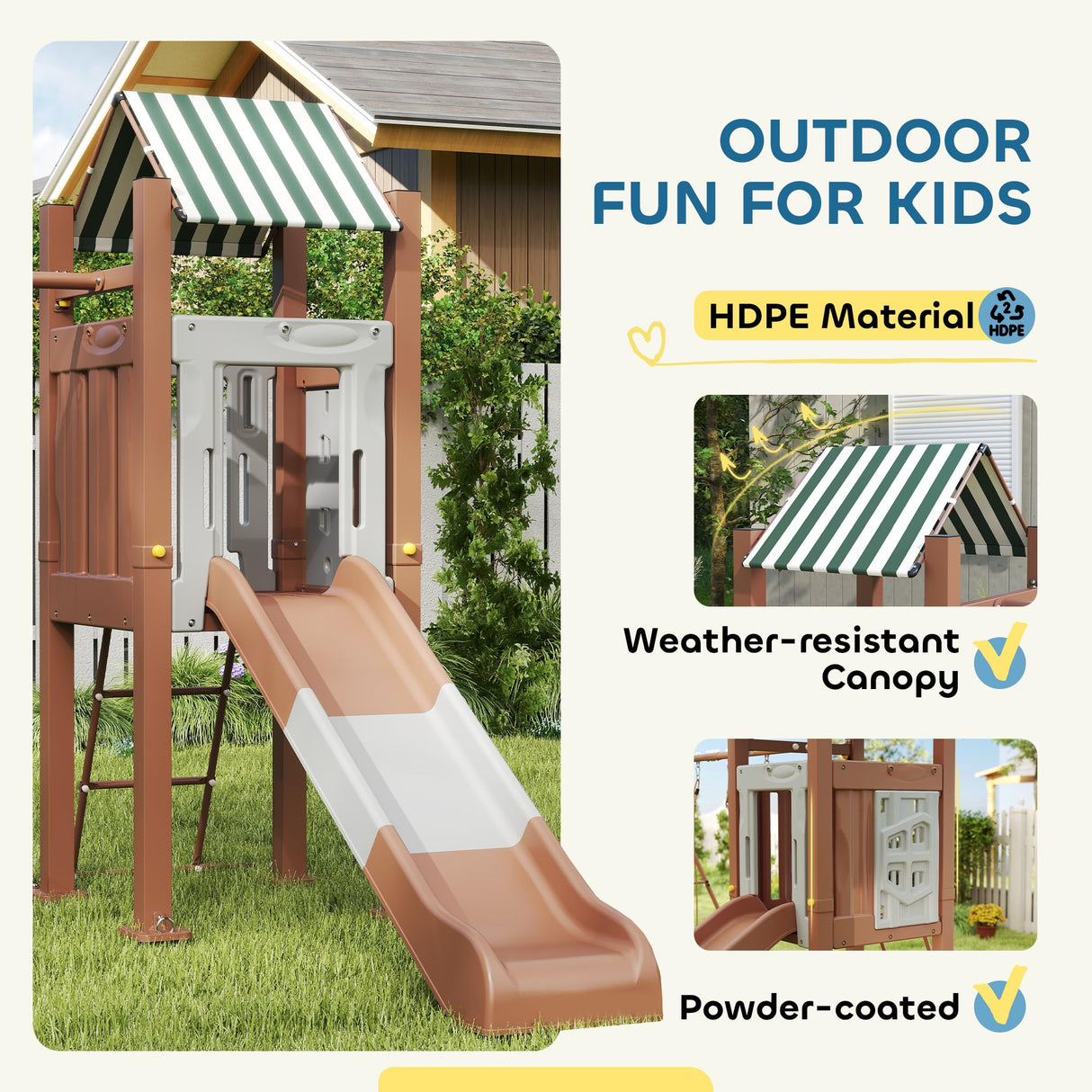 Qaba Kids Swing Set for Backyard, Playground Set with 6 FT Slide, 2 Adjustable Swings, Fort with Canopy, Ladder, Outdoor Playset with Ground Stakes for Ages 3-8, Brown Qaba