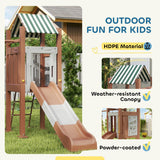 Qaba Kids Swing Set for Backyard, Playground Set with 6 FT Slide, 2 Adjustable Swings, Fort with Canopy, Ladder, Outdoor Playset with Ground Stakes for Ages 3-8, Brown Qaba