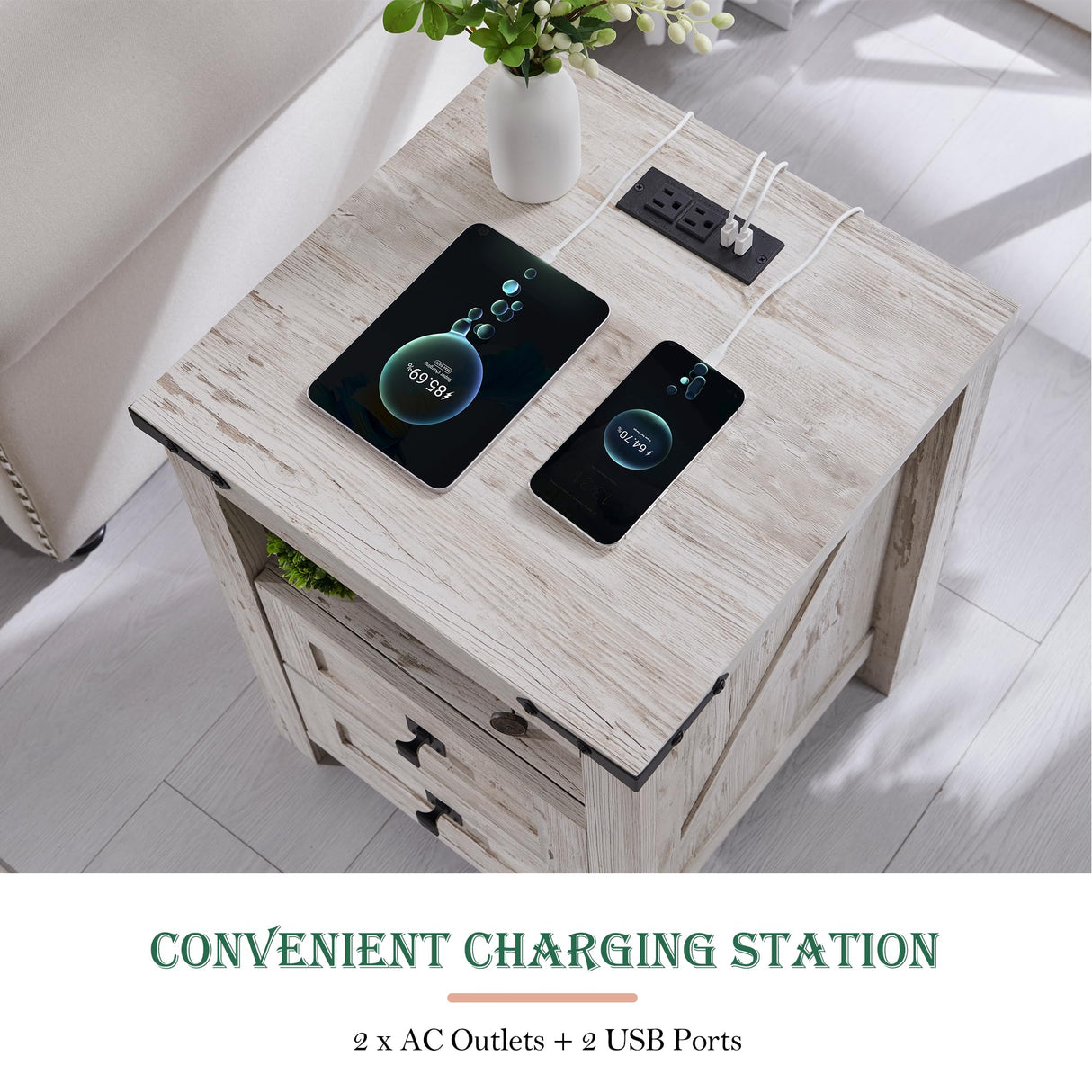 RedLemon Farmhouse Nightstand with Charging Station, Rustic 18 Inch End Table with 2 Storage Drawers and Open Shelf, Wood Sofa Side Table for Bedroom, Living Room (Antique Brush White) RedLemon