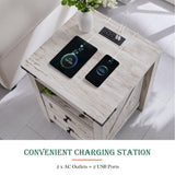RedLemon Farmhouse Nightstand with Charging Station, Rustic 18 Inch End Table with 2 Storage Drawers and Open Shelf, Wood Sofa Side Table for Bedroom, Living Room (Antique Brush White) RedLemon
