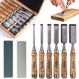HAWERK Wood Chisel Sets - Wood Carving Chisels with Premium Wooden Case - Includes 6 pcs Wood Chisels & 2 Sharpening Stones Hawerk