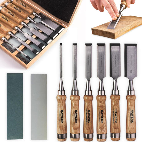 HAWERK Wood Chisel Sets - Wood Carving Chisels with Premium Wooden Case - Includes 6 pcs Wood Chisels & 2 Sharpening Stones Hawerk