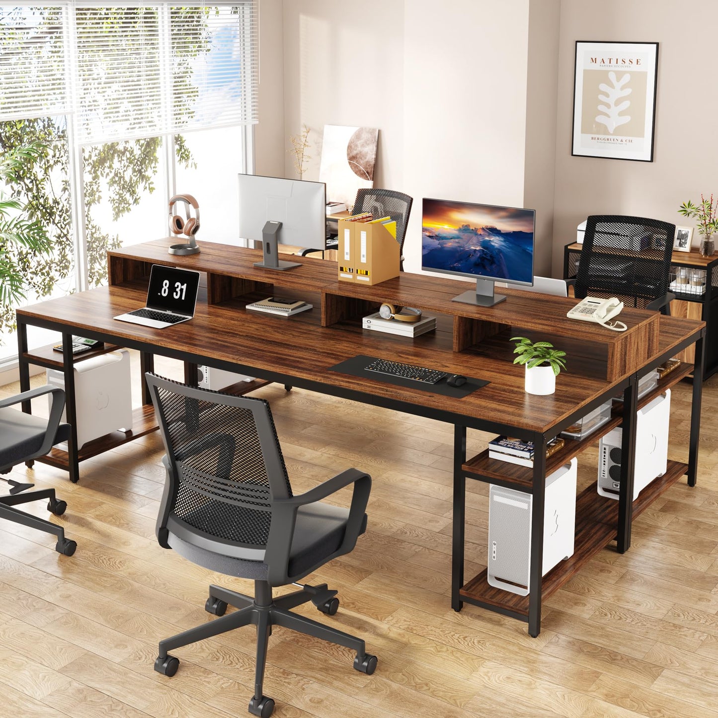 Tribesigns Two Person Desk with Monitor Stand, 78.74" Long Double Computer Office Desk with Storage Shelves, Large Gaming Desk Study Writing Table Workstation for Home Office, Rustic Brown - WoodArtSupply