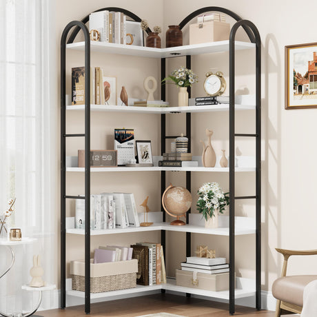 GarveeHome Corner Bookshelf Industrial Bookcase, L Shaped Bookshelf Arched 5 Tier Corner Shelf, Large Bookshelf with Metal Frame, Etagere Shelf Corner Display Rack for Living Room Bedroom GarveeHome