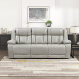 Lexicon Wall Hugger Power Double Reclining Sofa with Center Drop-Down Table, Faux Leather Home Theater Seating with LED Lighting/USB Charging Ports/Wireless Charger/Cup Holders, Magazine Pocket, Gray Lexicon