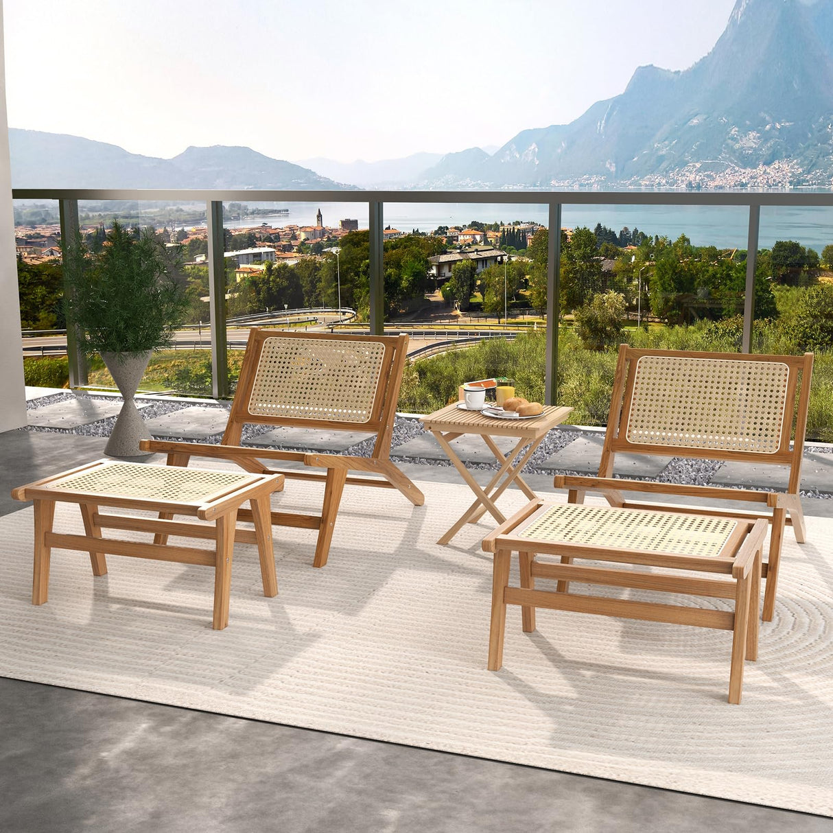 Tangkula Ottoman Footstool, Natural Teak Wooden Foot Rest with Handwoven Rattan for Living Room Bedroom Office, 14" H, Indoor (2) Tangkula