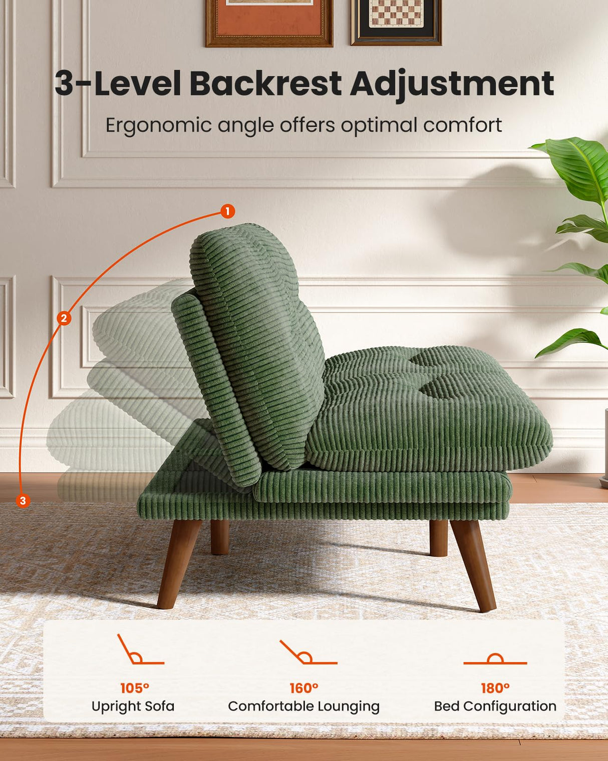 AMADA 66"Convertible Futon Sofa Bed, Corduroy Folding Futon Set with Adjustable Backrest &Armrests, Recliner Lounge for Living Room, Apartment or Office, Solid Wood Frame, Loveseat Sofa -Forest Green AMADA HOMEFURNISHING