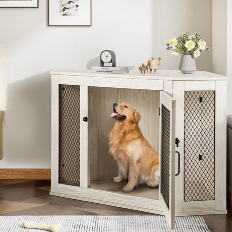 PUKAMI Corner Dog Crate Furniture,44/52inch Wooden Dog Kennel Furniture with Mesh,Decorative Wood Dog House for Indoor use,Dog Crate for Small/Medium/Large Dog,Perfect for Limited Room PUKAMI