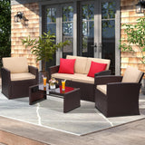 KROFEM 4 Pieces Patio Conversation Set, Outside Rattan Sectional Sofa, Cushioned Furniture Set, Wicker Sofa Ideal for Garden, Porch, Backyard, Brown Color Rattan and Beige Cushion KROFEM
