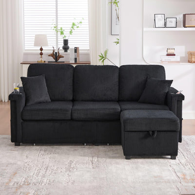 76'' L Shaped Sectional Couches with Storage Ottoman, 3 Seater Corduroy Sofa with 2 Drawers, USB Charger, Cup Holder, Changeable Light and Side Bag for Living Room, Apartment, Small Space, Black