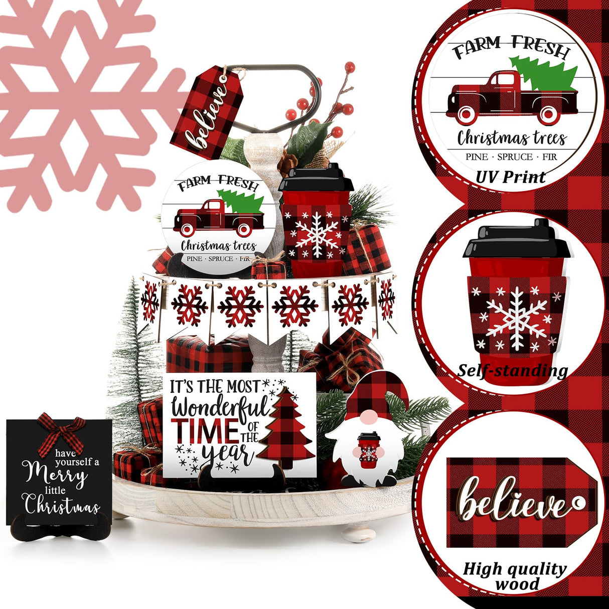 Jetec 12 Pcs Christmas Tiered Tray Decor - Red & Black Buffalo Plaid, Snowflake, Tree, Gnome, Truck - Wooden Signs - Farmhouse Decoration Centerpieces Christmas Decor for Home, Table, Shelf Jetec