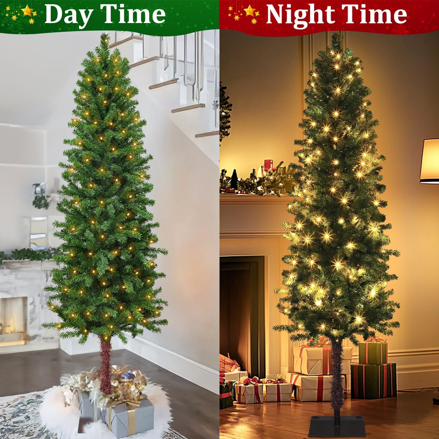 5 Ft Alpine Artificial Christmas Tree with Thick 455 Classic Pine Branch Tips, 120 Warm White Lights, Metal Stand UL Plug Fire-Resistant Slim Xmas Pencil Tree for Holiday Home Indoor Decoration