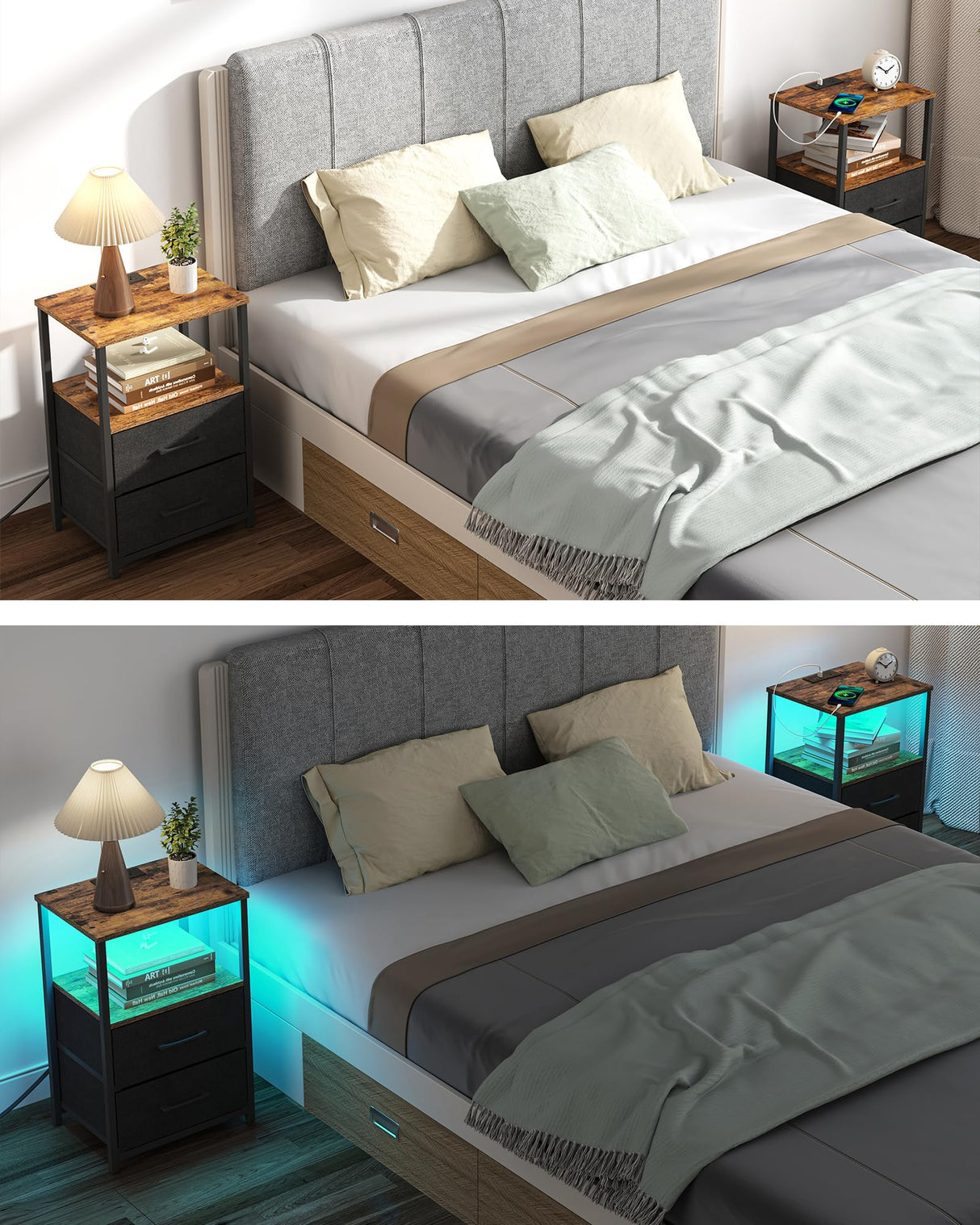 TUTOTAK LED End Table with Charging Station, Nightstand with Cloth Drawer, Side Table with 1 USB Port and 1 Type-C Port, Set of 2, Couch Table, Brown and Black TB01BB052KL TUTOTAK