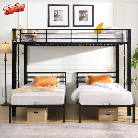 ZMIZAKOY Heavy Duty Triple Bunk Beds for Kids and Adults,Metal 3 Three Tripple BunkBed Full Over Twin Over Twin with Guardrails & Built-in 2 Ladder,No Box Spring Needed,Weight Capacity 600LBS (Black) ZMIZAKOY