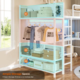 Itaar Twin Loft Bed with L-Shaped Desk, LED Lights and Charging Sation, Loft Bed Twin Size with 3-Tier Storage Shelves and Clothes Rail, Safety Guard & Ladder, No Box Spring Needed, White Itaar