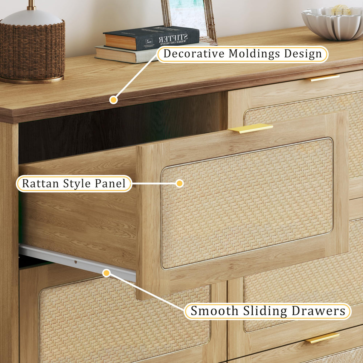 HUAHUU 9 Drawer Dresser for Bedroom, 60 Inch Long Dressers & Rattan Chest of Drawers, Large TV Stand for 55, 65, 70 Inch TV, Boho Style, Modern Dresser for, Living Room, Entryway, Bedroom, Natural Oak HUAHUU