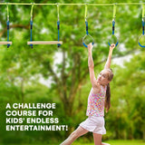 Flybold Obstacle Course for Kids - 40 Ft Ninja Warrior Slackline Kit with 8 Adjustable Obstacles - Tree Protectors, Twin Gear Ratchets, Carry Bag - Complete Outdoor Adventure Set flybold